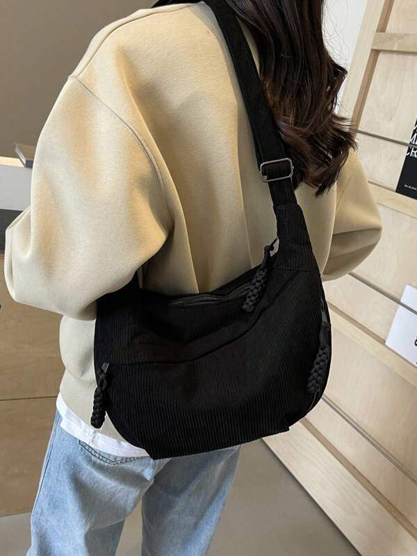 Fashionable Yellow Nylon Waterproof Shoulder Bag With Simple & Casual College Style, Wide Strap, Multiple Zipper Design Suitable For Students, Shopping, Daily Use, Shoulder Bag For School