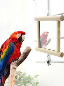 1pc Parrot Biting Wooden Color Bell Decor Mirror Toy - Multicolor - View 3