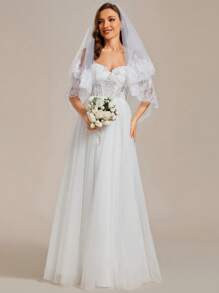 EVER-PRETTY Elegantes romantisches Brautkleid mit Fischgrat- und Muschel-Dekor, Kontrast-Mesh und Off-Shoulder, weiß