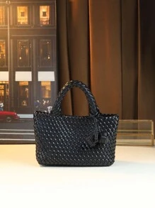 Nouveau sac panier tressé de chou à la mode et fait main, grand sac fourre-tout de navettage avec petit sac attaché, sac à bandoulière et à bandoulière croisée avec pompon décoratif