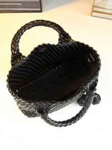 Nouveau sac panier tressé de chou à la mode et fait main, grand sac fourre-tout de navettage avec petit sac attaché, sac à bandoulière et à bandoulière croisée avec pompon décoratif