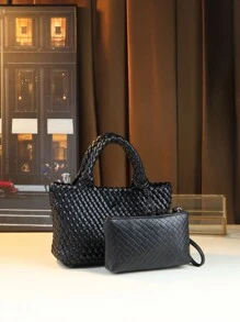 Nouveau sac panier tressé de chou à la mode et fait main, grand sac fourre-tout de navettage avec petit sac attaché, sac à bandoulière et à bandoulière croisée avec pompon décoratif