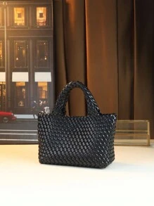 Nouveau sac panier tressé de chou à la mode et fait main, grand sac fourre-tout de navettage avec petit sac attaché, sac à bandoulière et à bandoulière croisée avec pompon décoratif