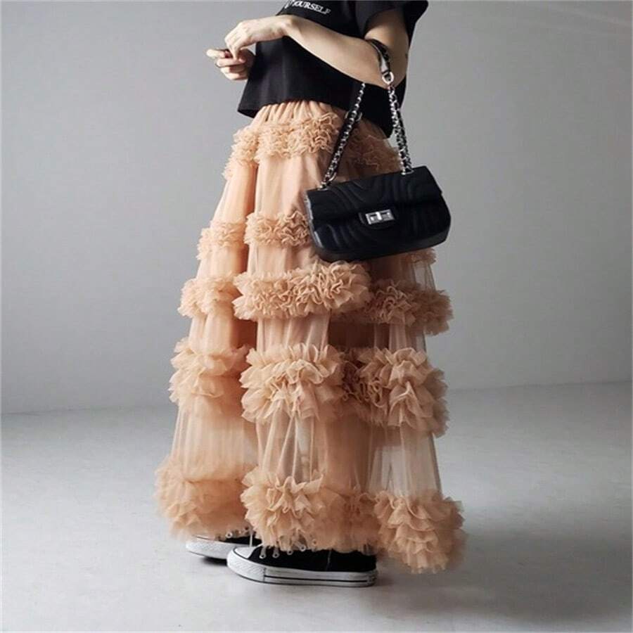 Women's Tulle A-Line Long Skirt High Waist Sheer Mesh Tiered Ruffled Skirt For Summer, Spring - 卡其色 - 查看 1