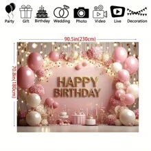 1件涤纶生日快乐派对背景横幅，粉色和金色气球，蛋糕，花卉主题，生日派对摄影背景，适用于生日、派对、庆祝活动、室内/室外派对装饰，无需用电 - 彩色 - 查看 5