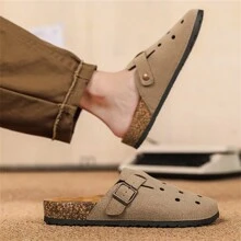 (Conjunto para pareja) Sandalias clásicas de punta cerrada, pantuflas de playa de para hombre, zapatos mullidos tipo mula de suela blanda con cierre deslizante