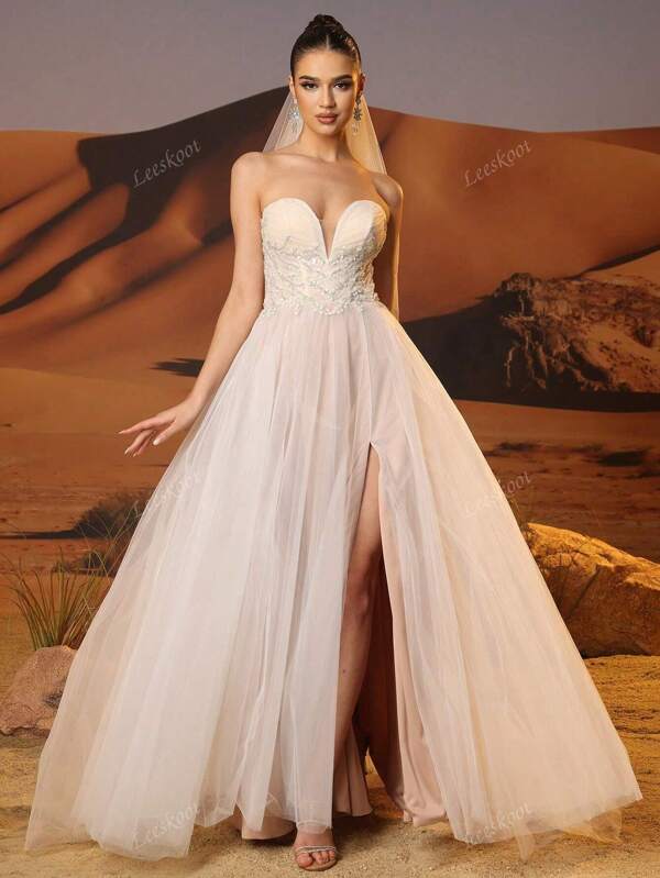 Sexy High Slit Lace Wedding Dresses For Women With Train Lace Up Back Deep V-Neck Luxury Tulle Bridal Wedding Gowns With Hand Beading A-Line Formal Dress For Beach Wedding Party, Bride