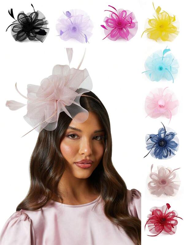 1pc Fascinators Hat Flower Mesh Ribbons Feathers Fascinator Kentucky Derby Hats Headband And Clip Tea Party Headwear For Girls And Women,Hairband,Hair Hoop Headbands