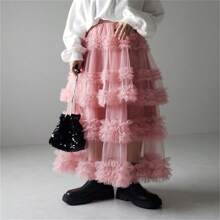 Women's Tulle A-Line Long Skirt High Waist Sheer Mesh Tiered Ruffled Skirt For Summer, Spring - Dusty Pink - View 1