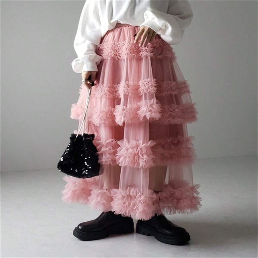 Women's Tulle A-Line Long Skirt High Waist Sheer Mesh Tiered Ruffled Skirt For Summer, Spring - Dusty Pink - View 1