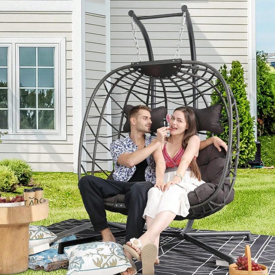 Double Egg Chair Oversized 2 Person Patio Swing Chair With Stand, Indoor Outdoor Large Wicker ...