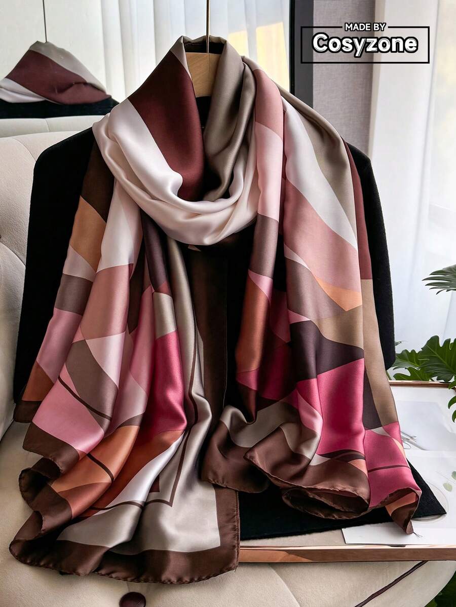 1pc Beach Accessories Elegant Geometric Pattern Faux Silk Scarf, Fashionable Versatile Shawl For Beach/Sun Protection, Suitable For Daily Wear For Dress - Multicolor - View 1