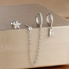 3 件套双孔链 18K 镀金耳环套装，女士适用，花朵方晶锆石、铜和不锈钢耳钉，软骨穿孔珠宝 - 3pcs Earrings set - 查看 11