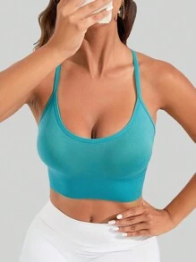 1pc Green Spaghetti Strap Removable Cup Seamless Sports Bra - Green - View 5