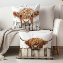 1pc/2pcs Simple Highland Cow Plush Throw Pillow Cover, Single Sided Skin-Friendly Peach Velvet, 45*45cm Sofa Cushion Cover For Home Decor, Party Decoration, Gift