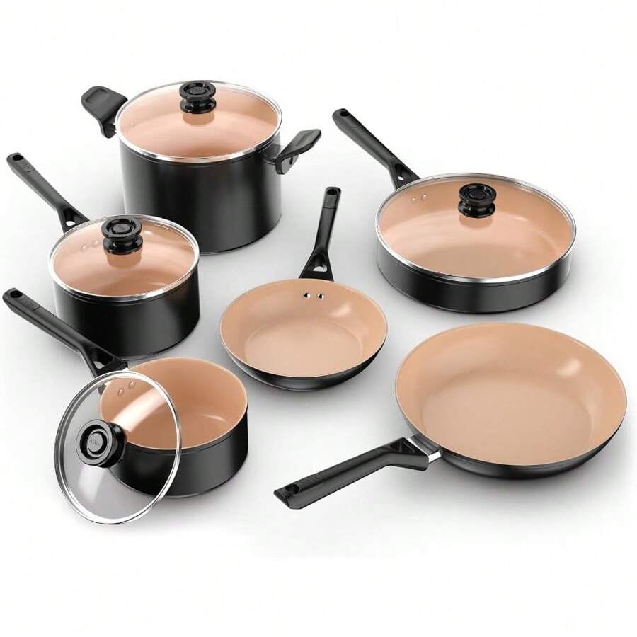 Pots And Pans Set Non Stick | Extended Life Select Ceramic Cookware Set | 10-Piece Nonstick | PFOA Free | Oven Safe To 350°F | Induction Compatible | CK89010BF - 10件黑色套裝 - 查看 1