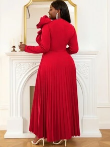 Floral Ruffled Fitted Long Sleeve Pleated Dress - Red - View 2