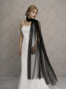 1pc Black Minimalist Chiffon Flowy Ultra-Long Trailing Shawl, Multi-Wear Fashion Wedding Bridal Shrug/Capelet - Black - View 3