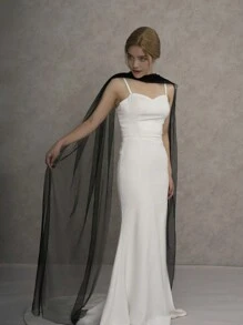 1pc Black Minimalist Chiffon Flowy Ultra-Long Trailing Shawl, Multi-Wear Fashion Wedding Bridal Shrug/Capelet - Black - View 1