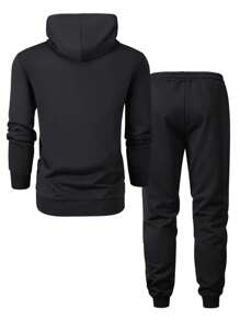 Conjunto de moletom masculino casual, macio e confortável da DIFFLAND, 2 peças, conjunto com capuz de cor sólida, conjunto de moletom preto de manga comprida e calça de moletom, primavera - Preto - Ver 2