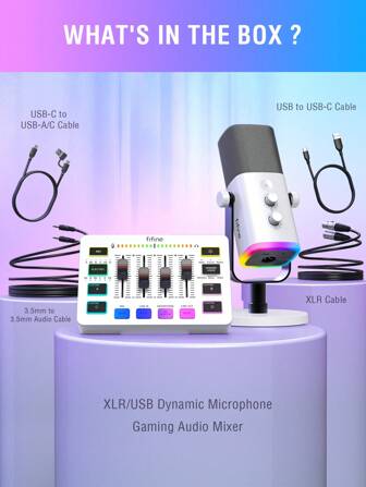  游戏设备套装，XLR/USB 流媒体动圈麦克风，带音频混音器套装，带增益旋钮的播客录音麦克风，带视频滑块推子套件的 PC 混音器，游戏语音-FIFINE KS5 白色