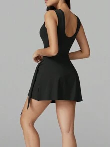 Blaosn Women's Athletic Tennis Golf Dress Solid Backless 2 In 1 Knot Front Sports Dresses,Sporty Sleeveless Round Neck Wrap Short Dress For Workout, Ladies Sportswear For All Seasons - màu đen - Xem 3
