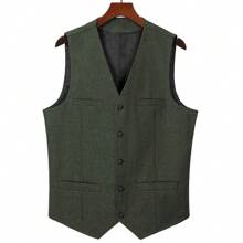 Mens Herringbone Tweed Suit Vest Four Pockets Retro Tweedy Wool Waistcoat - Army Green - View 5