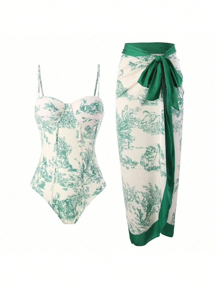 Modest One-Piece Swimsuit & Cover-Up Skirt Suitable For Beach, Hot Spring, Vintage French Style, For Summer Vacation - Green - View 1