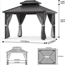 Fulvari 13x10 Outdoor Double Roof Permanent Wood Grain Coated Aluminum Pavilion With Netting And Curtain For Lawns,Gardens,Backyards,Decks - Grey - View 3
