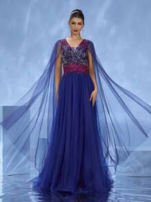 DELLA COUTURE Navy Blue Mesh Evening Dress With Long Fluttering Sleeves To Show Modest Elegant, Beaded Decorations To Add Charm, Sexy V-Neck Exquisite Fashion, Women's Slim Body Highlighting The Figure, Suitable For Parties, Dinners, Weddings And Other Formal Occasions, As Beach Outfits For Woman In The Seaside Vacation Wear Is Also Outstanding, Large Swing Long Cocktail Heavy Dresses To Meet The Needs Of The Prom Guests, Party Dress - Royal Blue - View 5