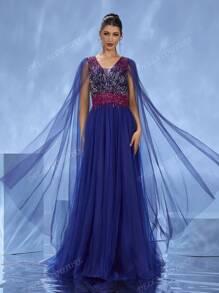 DELLA COUTURE Robe de soirée en maille bleu marine avec des manches longues et volantes pour un look élégant et modeste. Décorations perlées pour ajouter du charme. Encolure en V sexy et exquise. Met en valeur la silhouette féminine. Convient aux soirées, dîners, mariages et autres occasions formelles. Peut également être portée comme tenue de plage pour les vacances au bord de . Grande robe de cocktail longue et ample pour répondre aux besoins des invités au bal de promo, robe de fête