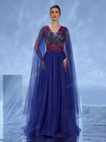 DELLA COUTURE Robe de soirée en maille bleu marine avec des manches longues et volantes pour un look élégant et modeste. Décorations perlées pour ajouter du charme. Encolure en V sexy et exquise. Met en valeur la silhouette féminine. Convient aux soirées, dîners, mariages et autres occasions formelles. Peut également être portée comme tenue de plage pour les vacances au bord de . Grande robe de cocktail longue et ample pour répondre aux besoins des invités au bal de promo, robe de fête