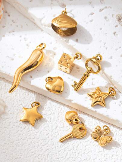 1件不锈钢时尚DIY项链，包含星星、心形、蝴蝶、钥匙、辣椒吊坠，18K镀金，防水防汗，适合派对和日常佩戴，女士礼物，情人节礼物，女士首饰