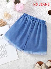 [Not Denim, 3D Printed Fabric] Young Girl Fashion Simulated Denim Asymmetrical Distinctive Printed Skort, Baby Elastic Waist Shorts, Outdoor Sports Summer