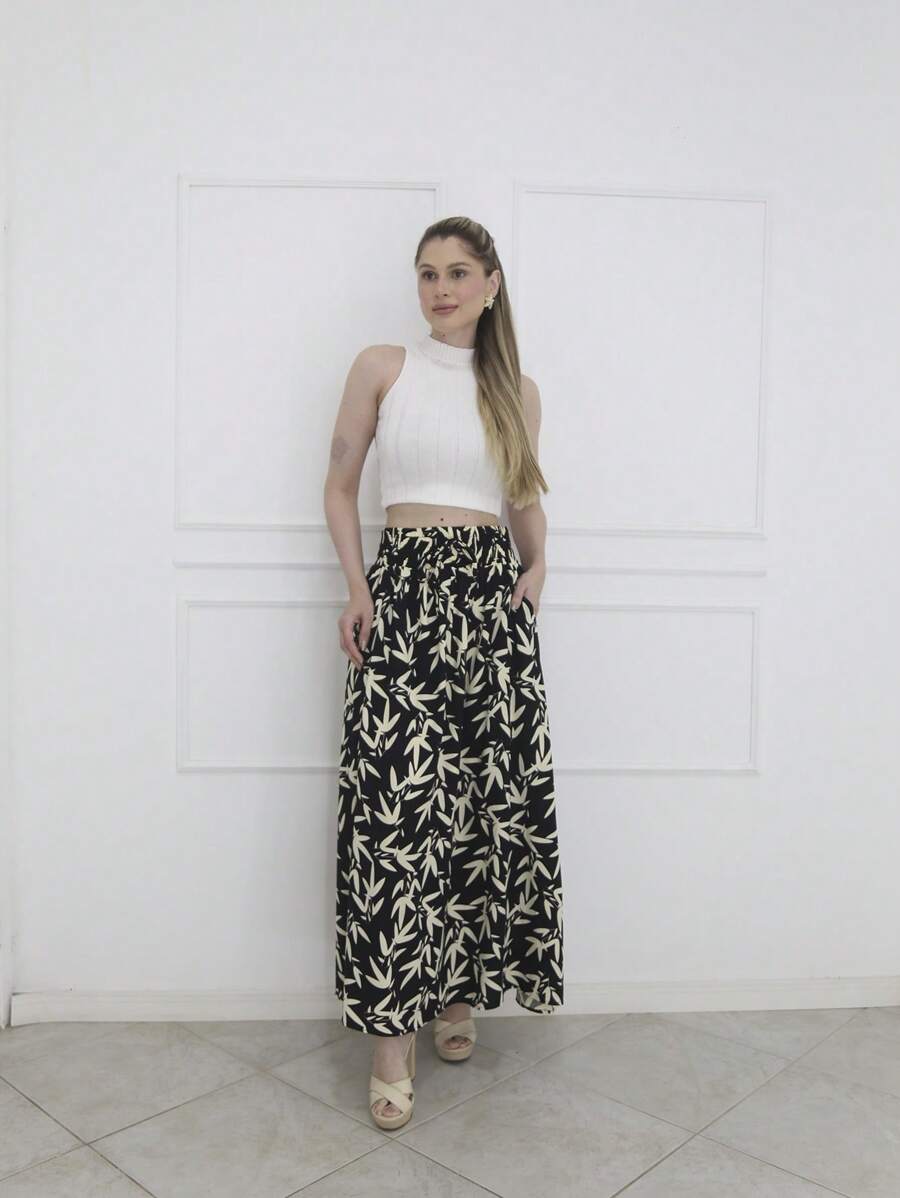 Steve Store Women's Fashion Viscose Fabric Skirt With Lining, Has Pocket And Slit On The Sides - preto bambu - 查看 1