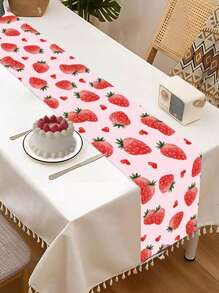 1pc Cute Strawberry Tablecloth, 70.8x13.7inch Polyester Material Happy Birthday Party Table Runner, Birthday Decoration, Fruit Strawberry Theme Dinner Party Table Decor - Multicolor - View 7