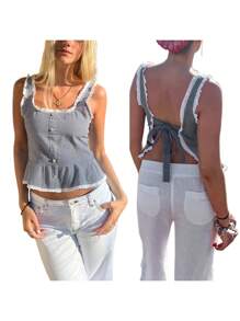 Plaid Tie Back Crop Tank Tops For Women Cute Sleeveless Gingham Camisole Square Neck Backless Cropped Vest Tops - Black - View 7
