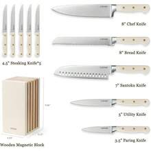 CAROTE 11 Pieces Knife Set With Block For Kitchen, Stainless Steel Razor-Sharp Blade, Triple Riveted Ergonomic Handle, Wooden Magnetic Block, Essential Knife Block Set, Beigeprompt Goods - 白色-WS - 查看 3