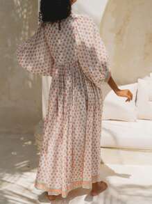 Women's Summer Boho Maxi Dresses Deep V Neck 3/4 Puff Sleeve Floral Dress Casual Loose Flowy A Line Dress Streetwear - Màu be - Xem 4