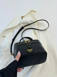 时尚新款优雅纯色PU材质便携方包，迷你PU包，防水酒红色PU材质包，字母图案装饰设计盒包，适合旅行、购物、聚会、通勤等各种场合。 - 黑色 - 查看 6