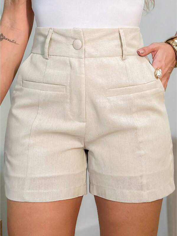 EMILI Short Viscolinho Feminino Curto Bolso Fake Minimalista Estiloso
