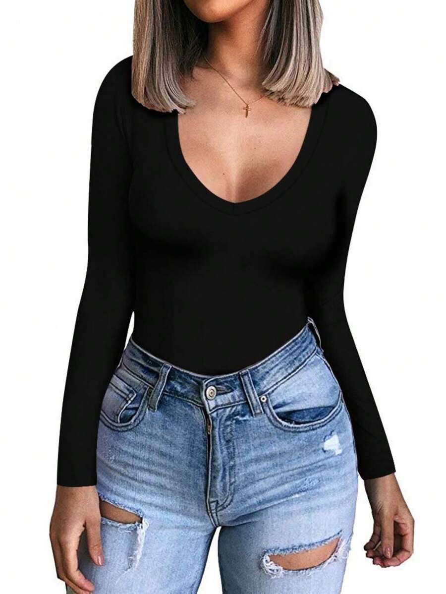 OUTBALL Womens Causal Deep V Neck Long Sleeve Shirts Modal Slim Fit Basic Tee Tops - 黑色 - 查看 1
