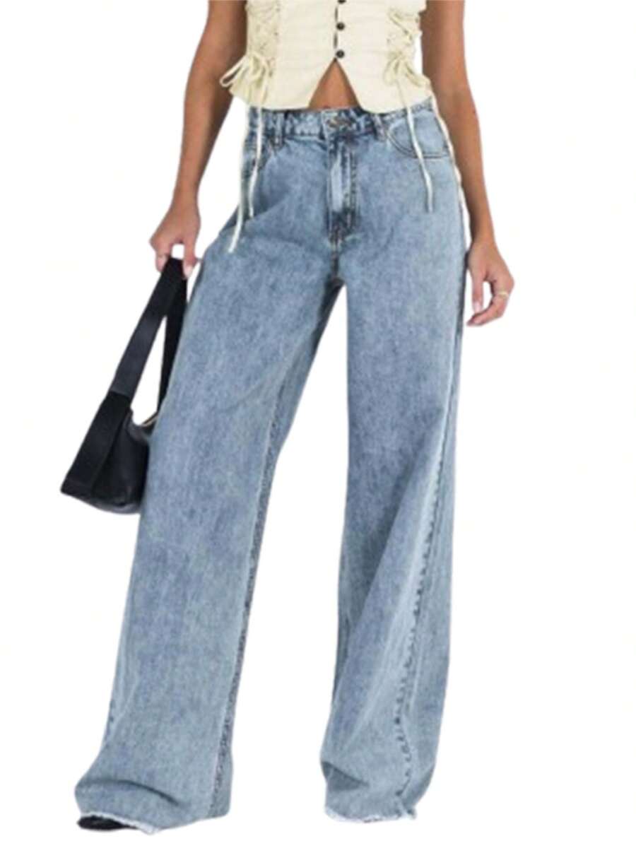 Women's Spring Summer Baggy Pants Solid Color High Waist Loose Wide Leg Denim Pants - Blue - View 1
