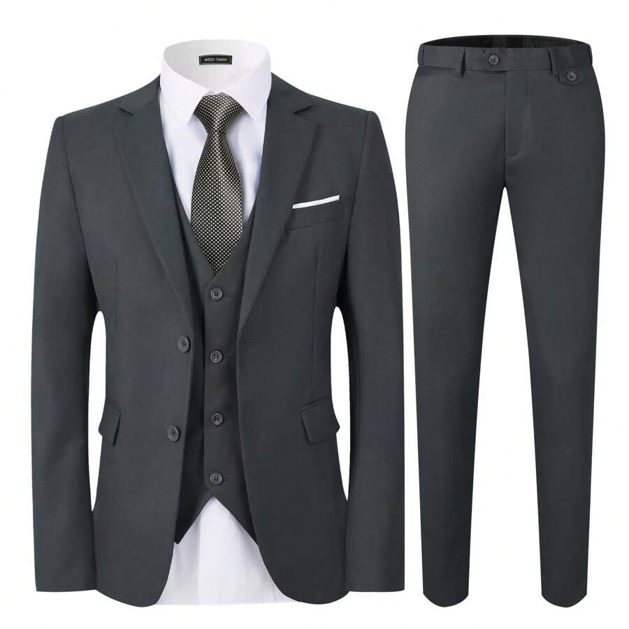 Men's Suits Slim Fit,3 Piece Suit For Men,2 Button Blazer Jacket Vest Pants With Tie,Men Tuxedo Suit Set - Màu xám đen - Xem 1