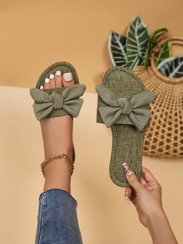 Plus Size Women Fashionable Versatile Flat Non-Slip Breathable Green Open Toe Bow Decor Soft-Sole Beach Sandals