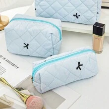 1 Pieza Conjunto de bolsa de maquillaje acolchada con moño, bolsa de cosméticos portátil grande y linda de gran capacidad, organizador de artículos de tocador para viajes, bolsa de maquillaje esponjosa de mano, estuche para productos de cuidado de la piel, esencial para cruceros, necesario para dormitorios, regalo para dama de honor de boda, regalo para mamá, regalo de cumpleaños, regalo para amigos, regalo para maestros, decoración del hogar