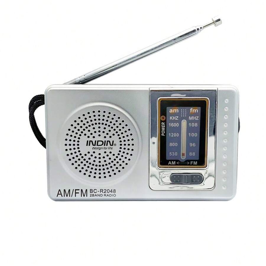 INDIN BC-R2048 Portable Radio | AM/FM, 2AA Battery Operated With Long Range Reception For Indoor, Outdoor & Emergency Use | Radio With Speaker & Headphone Jack - Silver - View 1