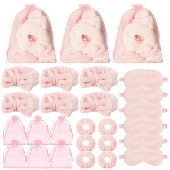 24pcs Spa Sleepover Party Supplies 6 Pink Spa Headbands 6 Pink Plush Sleep Eye Masks 6 Pink Velvet Hairbands 6 Organza Pajama Party Bags Spa Party Favors
