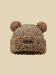 1pc Brown Fleece Bear Ear Hat For Women, Warm For Autumn/Winter Daily Wear
