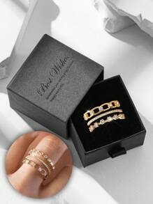 3pcs/Set CZ Inlaid Wedding Rings Gift Box, Shiny Cubic Zirconia Rings Suitable For Women Wedding And Valentine's Day Gift - Gold - View 11